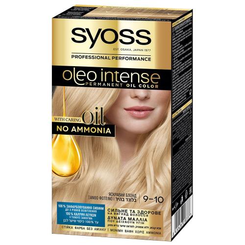 Syoss Oleo Intense Permanent Oil Hair Color Kit Επαγγελματική Μόνιμη Βαφή Μαλλιών για Εξαιρετική Κάλυψη & Έντονο Χρώμα που Διαρκεί, Χωρίς Αμμωνία 1 Τεμάχιο - 9-10 Ξανθό Φωτεινό